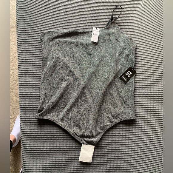 One-shoulder dark gray glitter stretch bodysuit - size XL - NWT - Picture 4 of 5